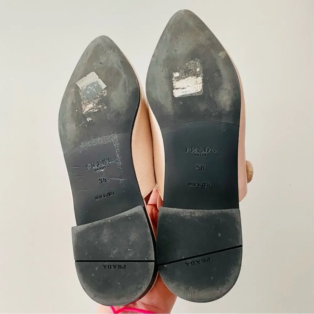 PRADA Nude Cream Beige Patent Leather Strap Pointed Toe Flats Slip On Slides 38 - Picture 10 of 16
